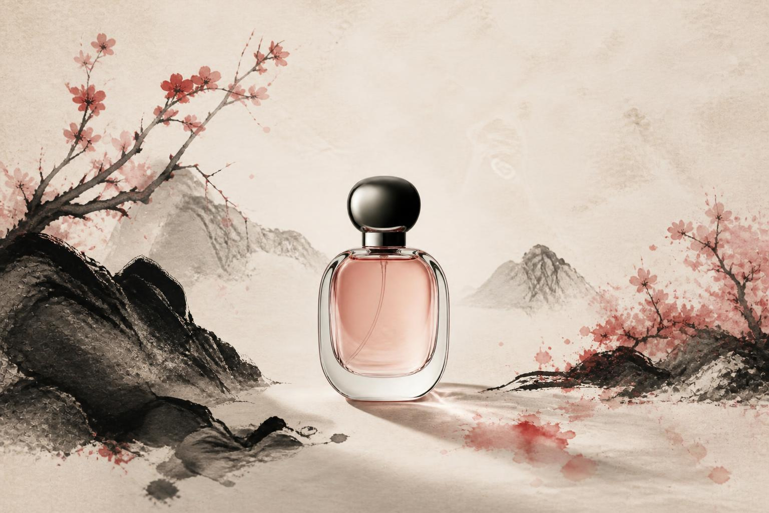 Last Summer bottle on ink-washed paper, with cherry blossom and stone