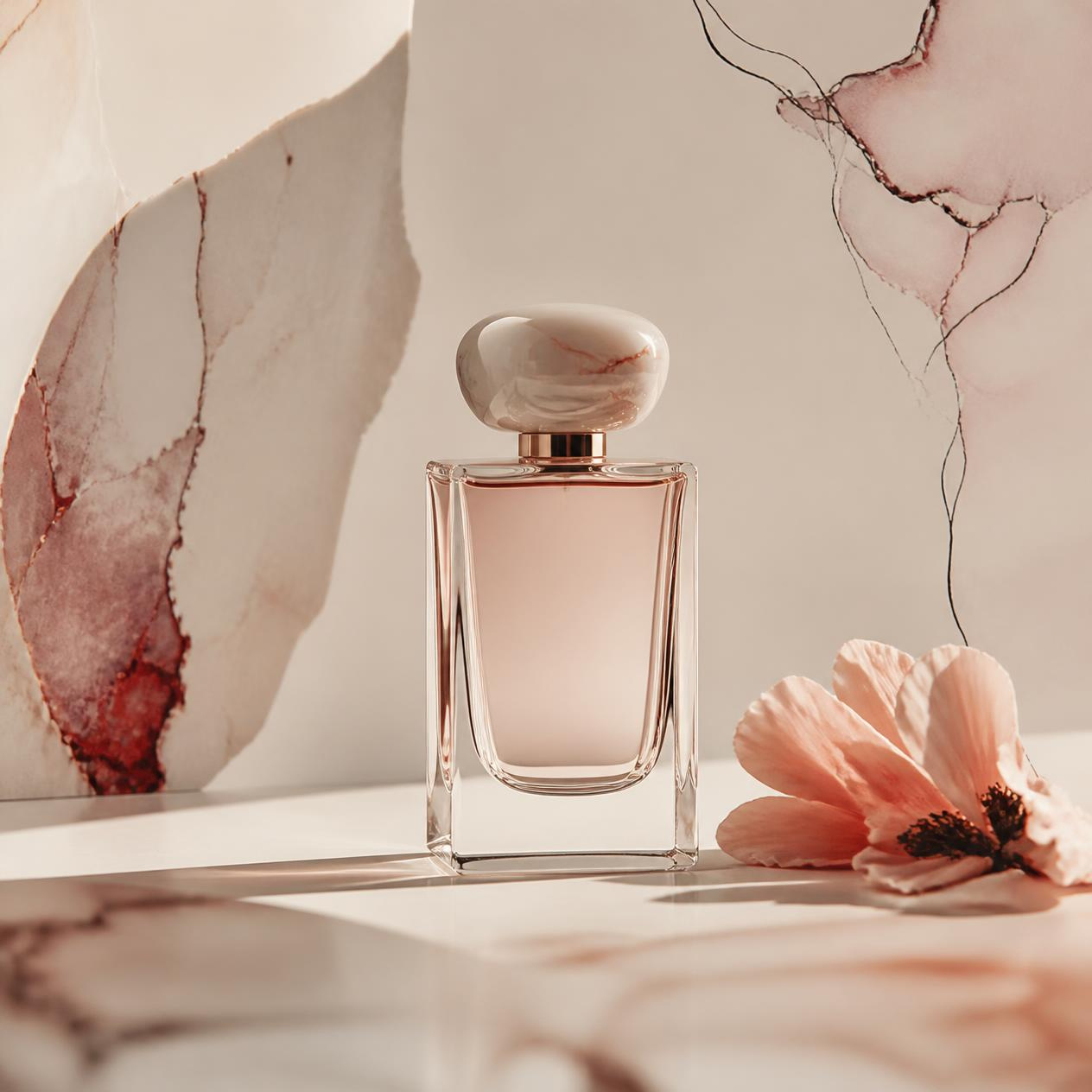 Last Summer bottle in pale peach glass, with a marble cap and a pink flower