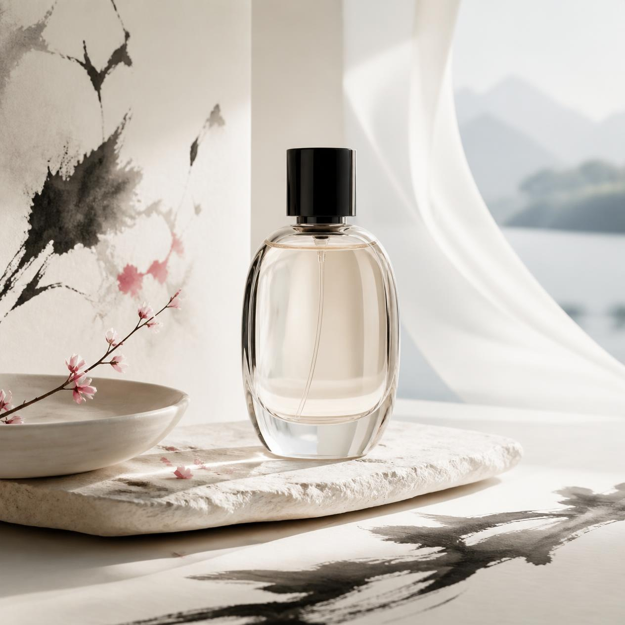Open Window bottle beside a round window and a branch of blossom